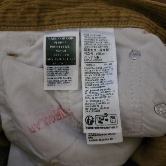 Levi's Corduroy Straight Leg Jeans, Mustard Brown, Men's Size 27x30 - Picture 6 of 7